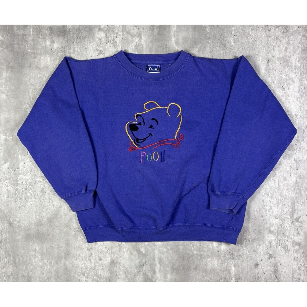 Vintage 90s Pooh Disney Sweatshirt Purple Embroidered Cartoon Men Small USA